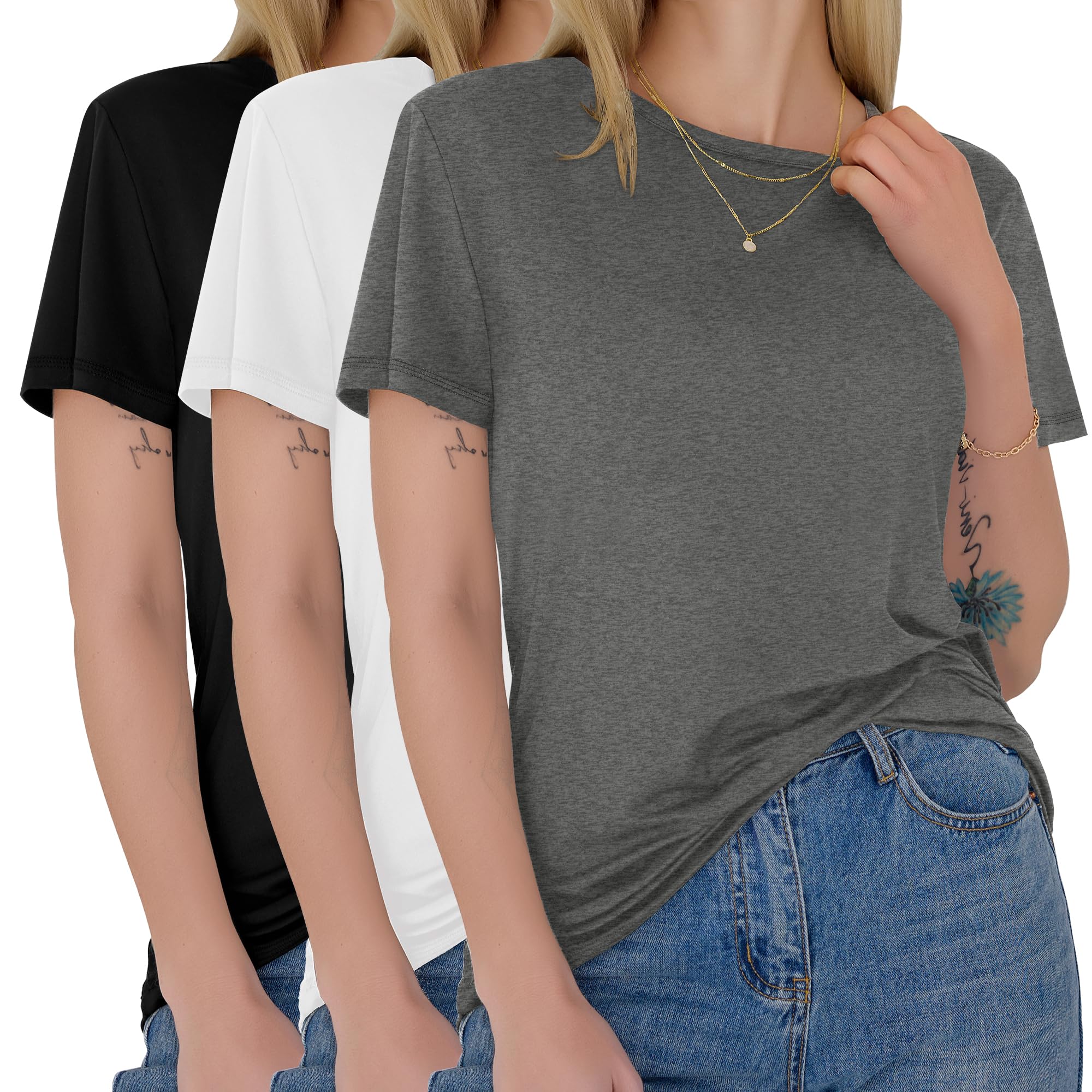 3 Pack Womens T-Shirts - Short Sleeve Spring Summer Tops Crew Neck Trendy Casual Work Soft Basic Tees for Ladies 2026