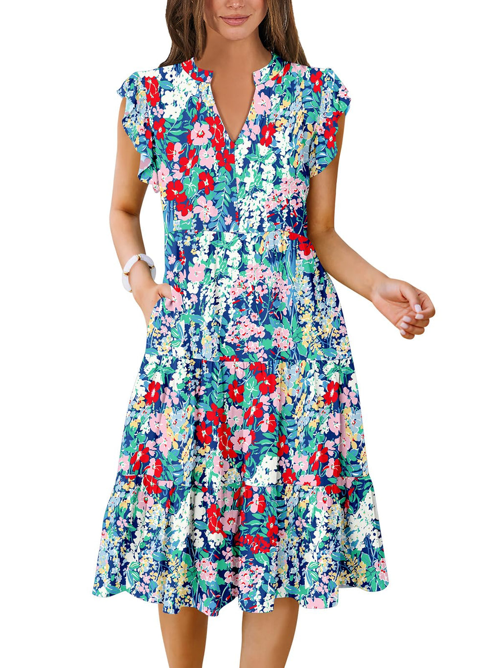 Womens Summer Dress Ruffle Sleeve V Neck Midi Dresses Fashion Casual Fit Flowy Tiered Boho Beach Vacation Sundress