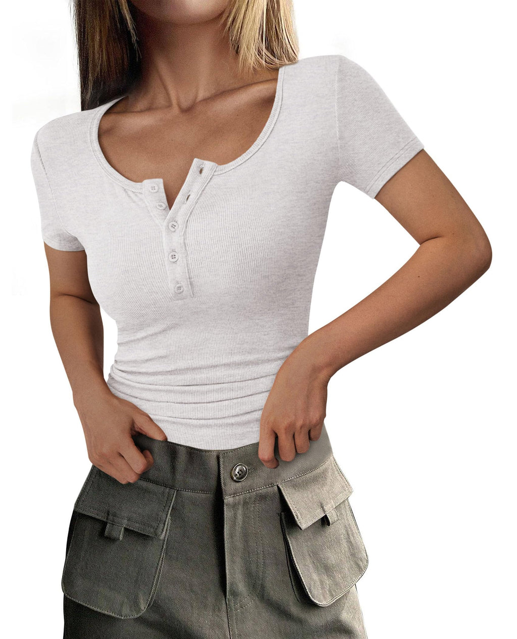 Women's Summer Tops Henley Tee Shirts | Soft Ribbed Fabric, Button Up, Short Sleeve, Slim Fitted, Basic Tshirts, Casual Trendy, Going Out Outfits, Fashion Clothing