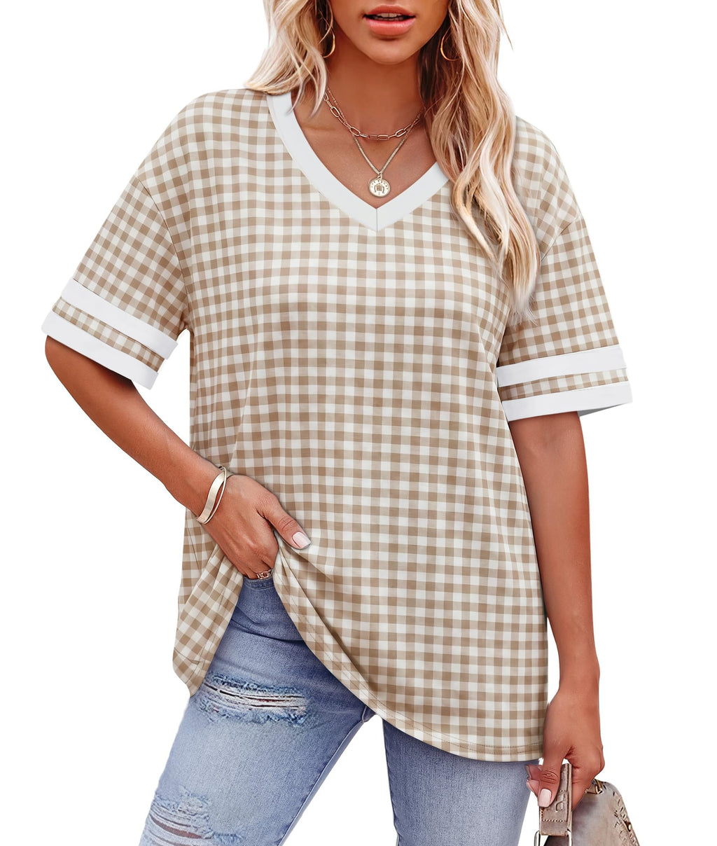 Womens T Shirts Loose Fit Short Sleeve Tees V Neck Color Block Summer Tops 2026 Fashion S-4XL
