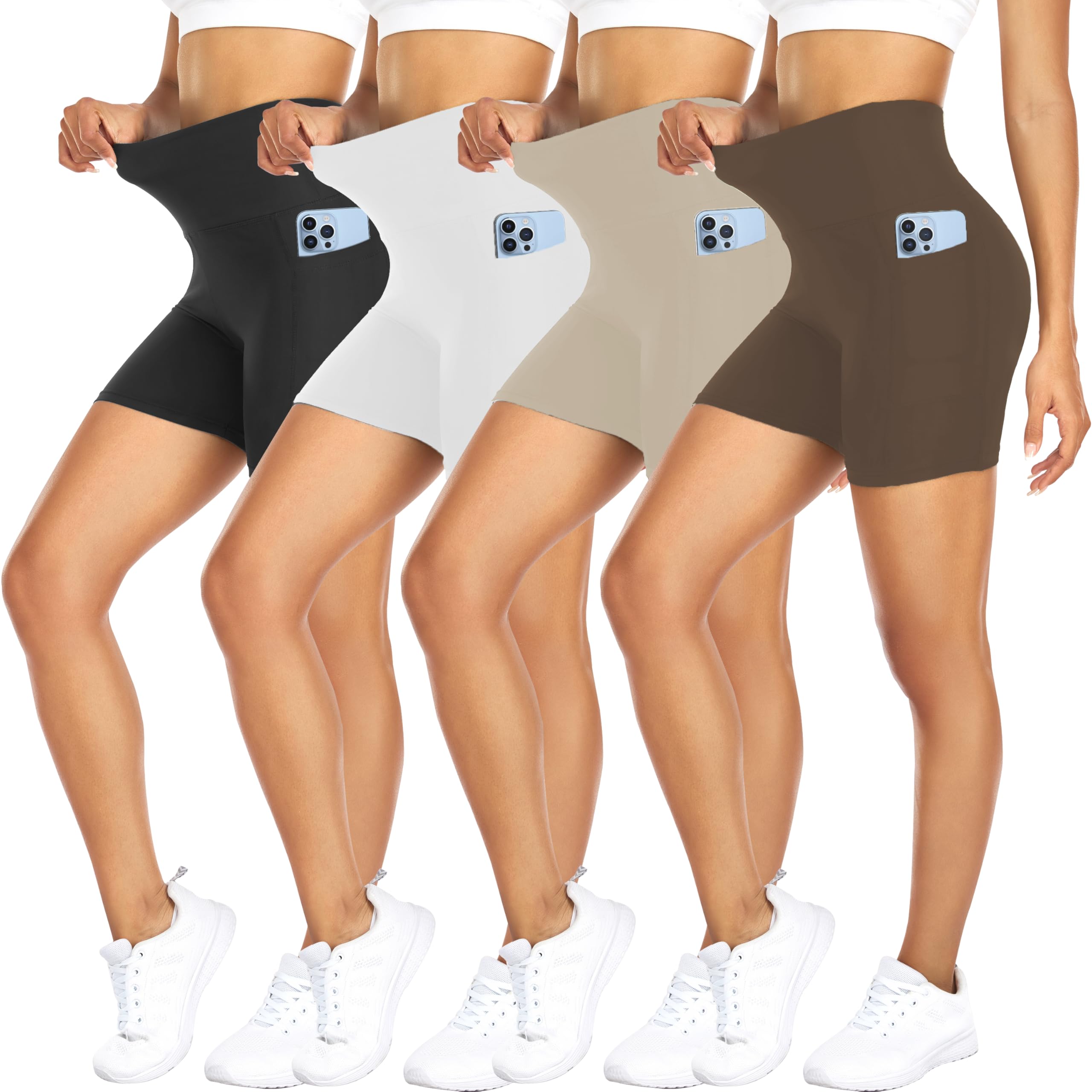 4 Pack Biker Shorts for Women with Pockets – 5" High Waisted Tummy Control Workout Yoga Running Gym Tennis Shorts