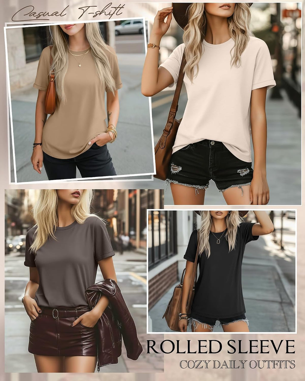 4 Pack Women's Cotton T Shirts | Casual, Short Sleeve, Tunic Tops, Crewneck, Plain, Loose Fit, Rolled Sleeve, Basic Tee, Summer