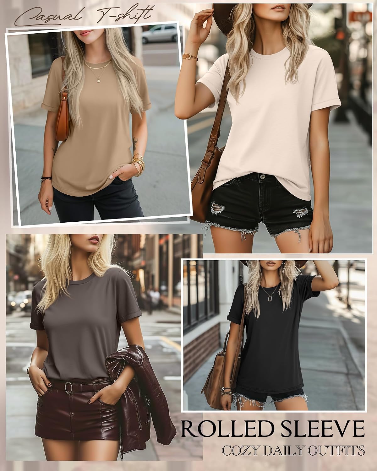 4 Pack Women's Cotton T Shirts | Casual, Short Sleeve, Tunic Tops, Crewneck, Plain, Loose Fit, Rolled Sleeve, Basic Tee, Summer