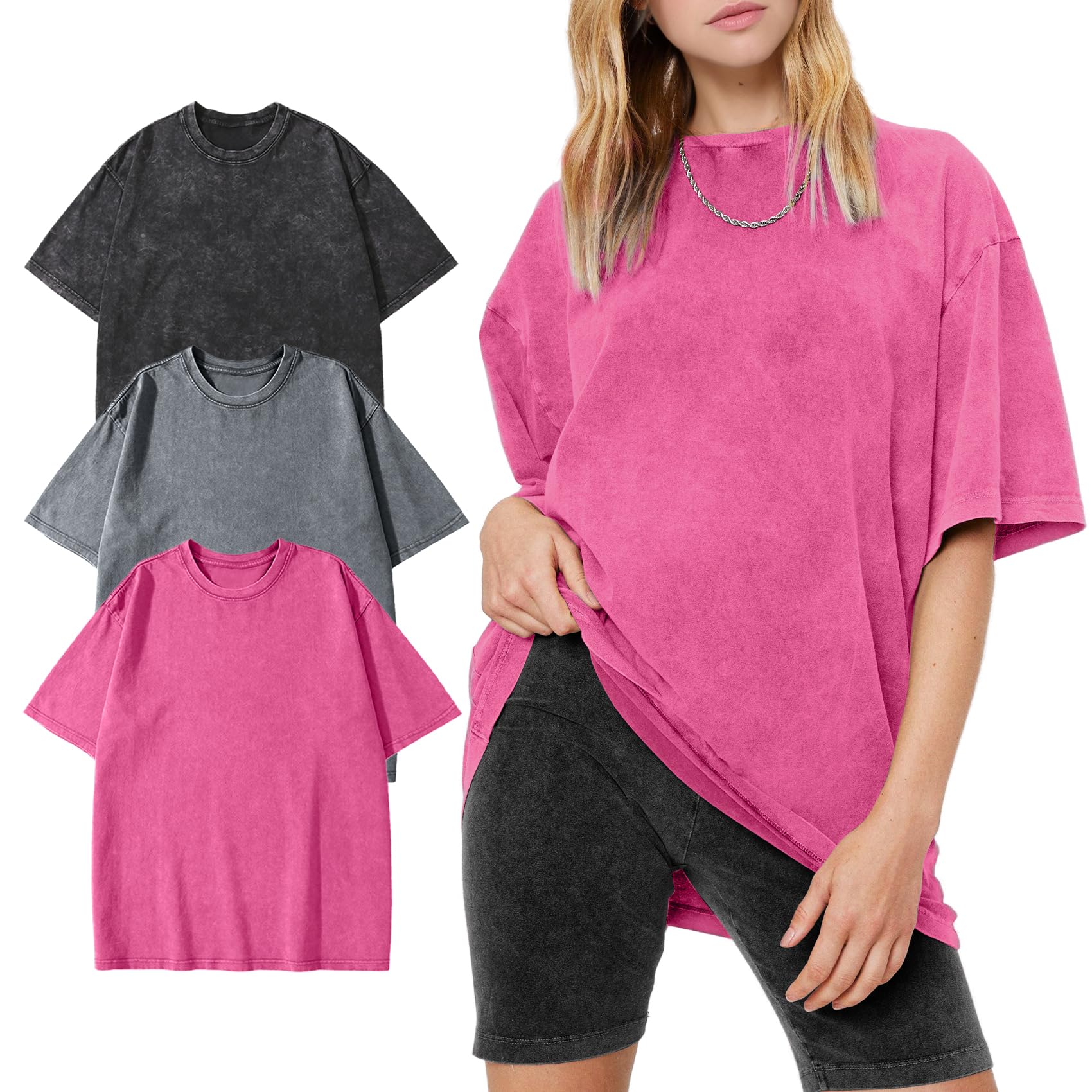 Women's Vintage Oversized T Shirts Washed Cotton Short Sleeve Tops | Soft Cotton Acid Wash Tees, Loose Baggy Boyfriend Fit, Gym, Workout, Streetwear, Casual Daily Outfits