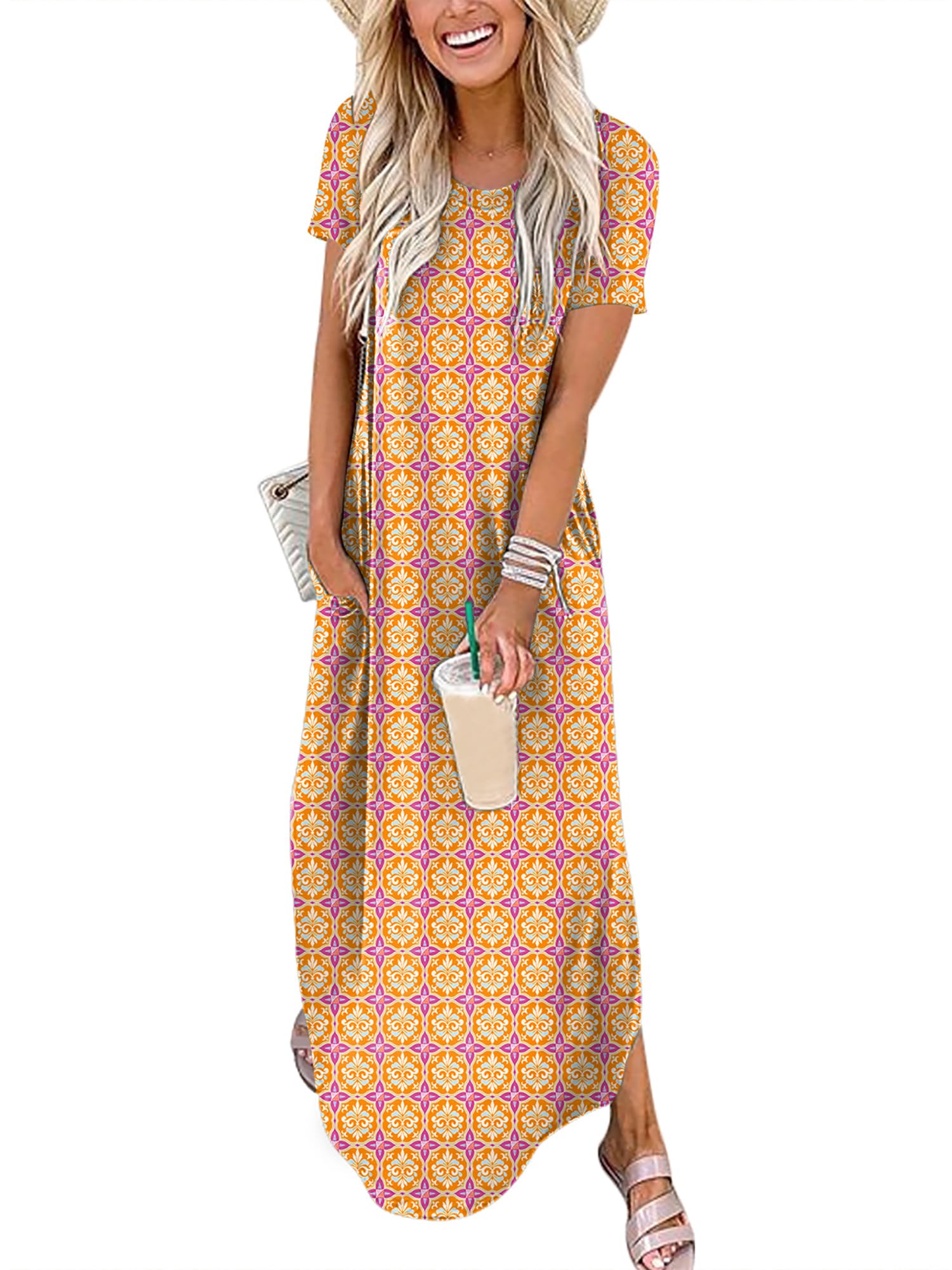 Womens Summer Maxi Dress Short Sleeve Casual Loose Long T Shirt Dresses Split Vacation Beach Sundress Travel Outfits