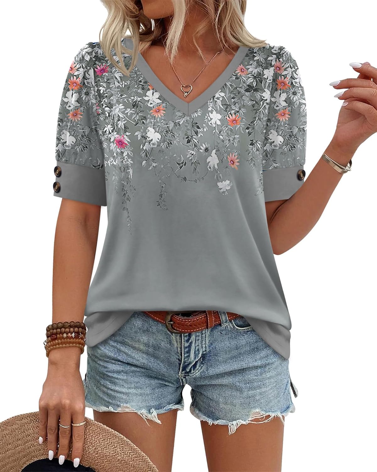 Womens Tops Short Sleeve Shirts Buttons V Neck Spring Fashion Summer Outfits Plus Size Blouses Dressy Casual
