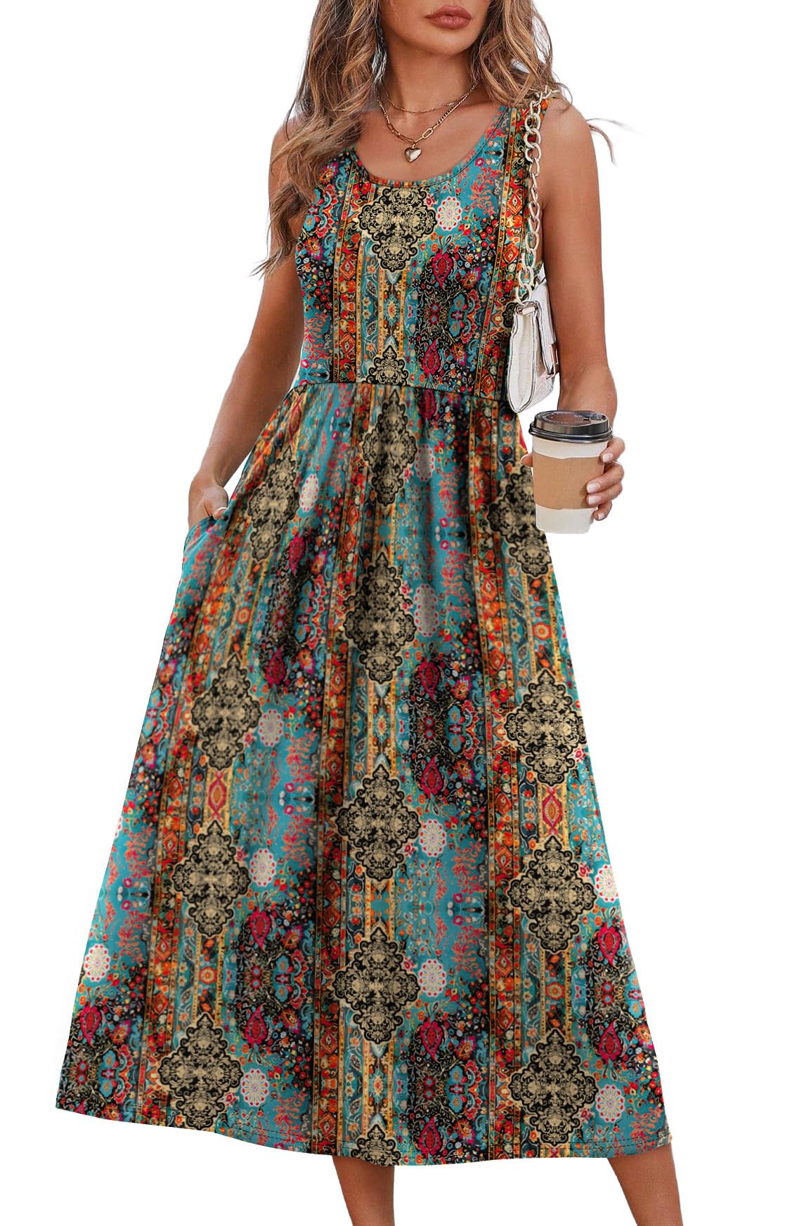 Summer Dresses for Women Flowy Casual Midi Dress Beach Vacation Sundresses with Pockets