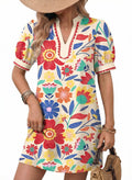 Summer Dresses for Women 2026 Boho Floral Puff Short Sleeve V Neck Trim Casual Mini Dress Sundress