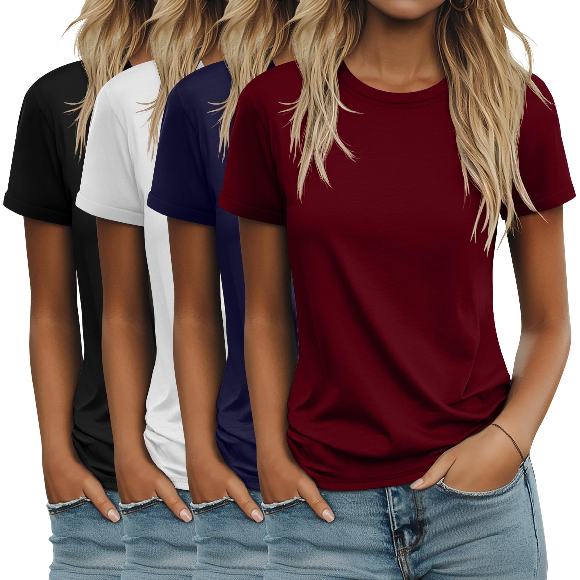 4 Pack Women's Cotton T Shirts | Casual, Short Sleeve, Tunic Tops, Crewneck, Plain, Loose Fit, Rolled Sleeve, Basic Tee, Summer