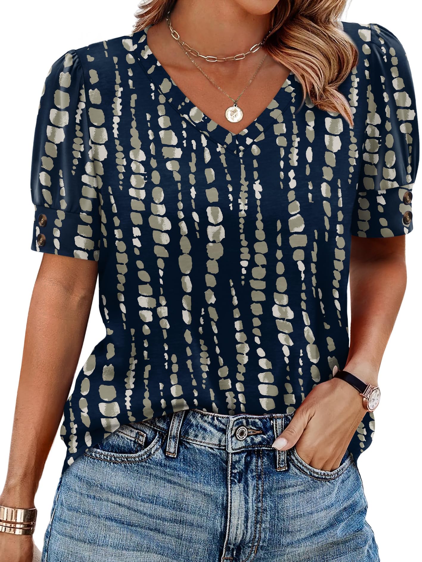 Womens Tops Short Sleeve Shirts Buttons V Neck Spring Fashion Summer Outfits Plus Size Blouses Dressy Casual