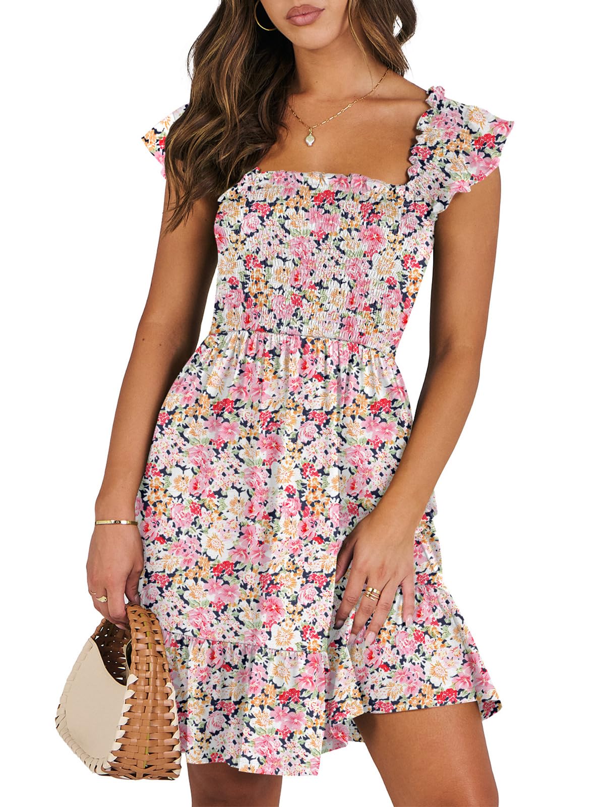 Women's Summer Casual Sleeveless Square Neck Dress 2026 Smocked Ruffle Backless Boho Beach Cute Teen Short Sundress