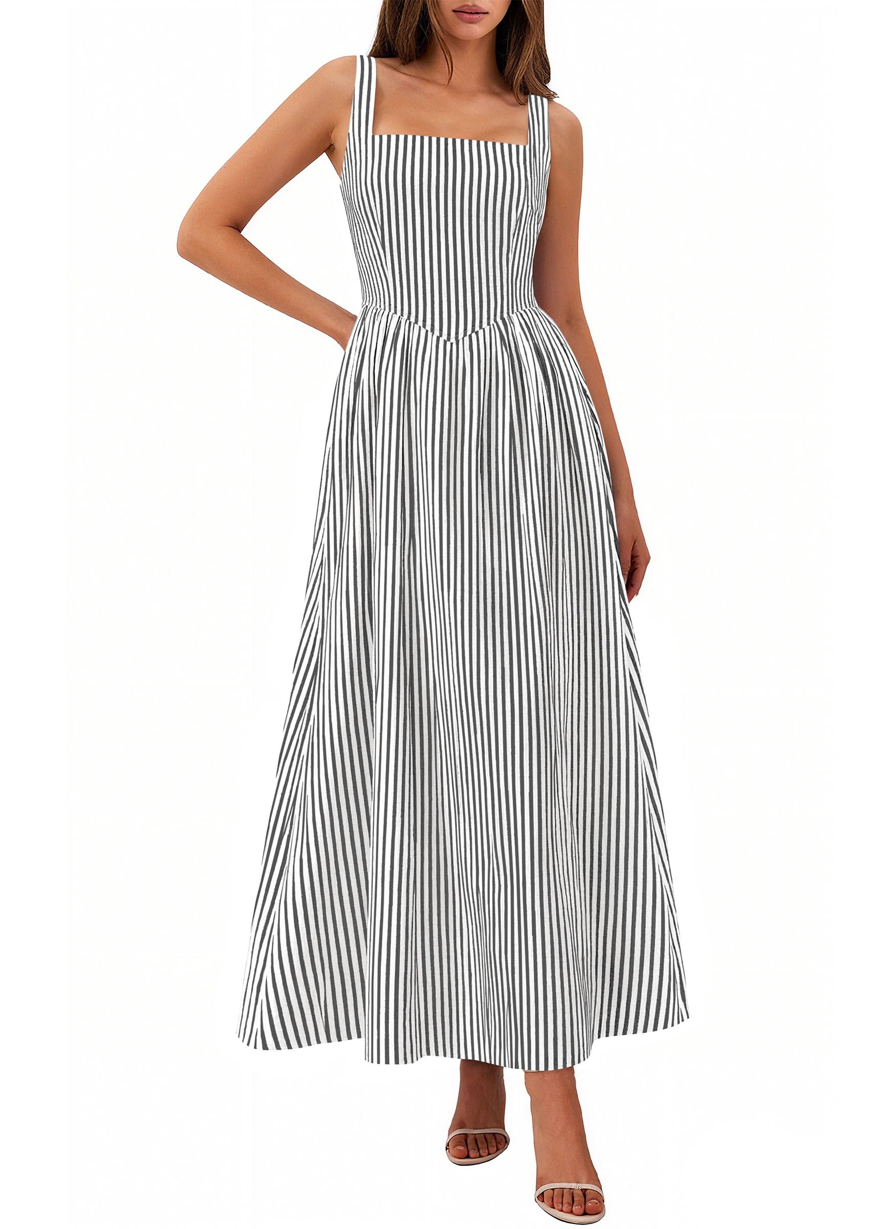 Women's Maxi Dress Summer Striped Sundress | Sleeveless Square Neck, Long Flowy A Line, Smocked Back, Pockets, Casual Spring Outfits for Beach Vacation, Resort, Party