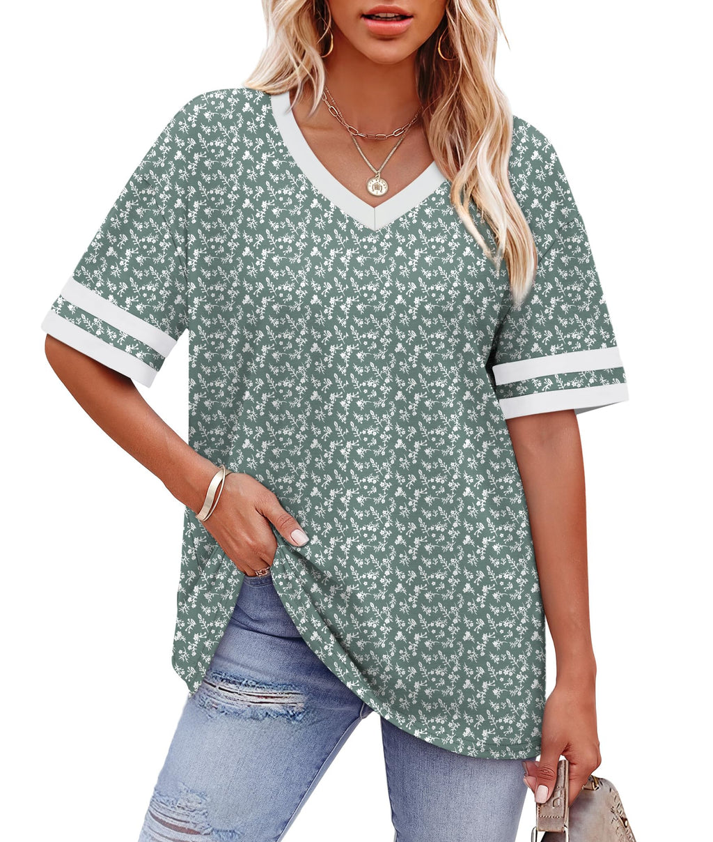 Womens T Shirts Loose Fit Short Sleeve Tees V Neck Color Block Summer Tops 2026 Fashion S-4XL