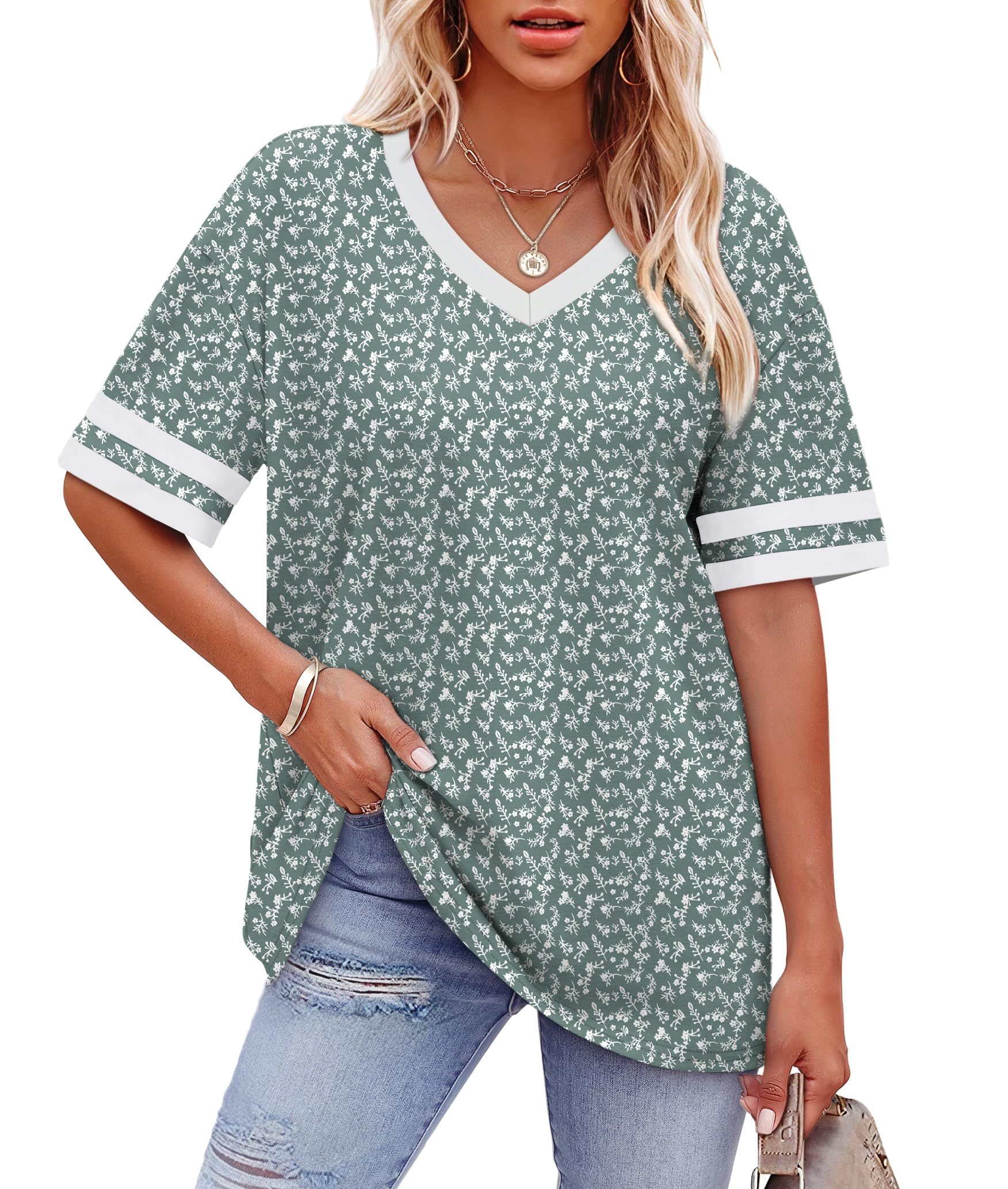 Womens T Shirts Loose Fit Short Sleeve Tees V Neck Color Block Summer Tops 2026 Fashion S-4XL