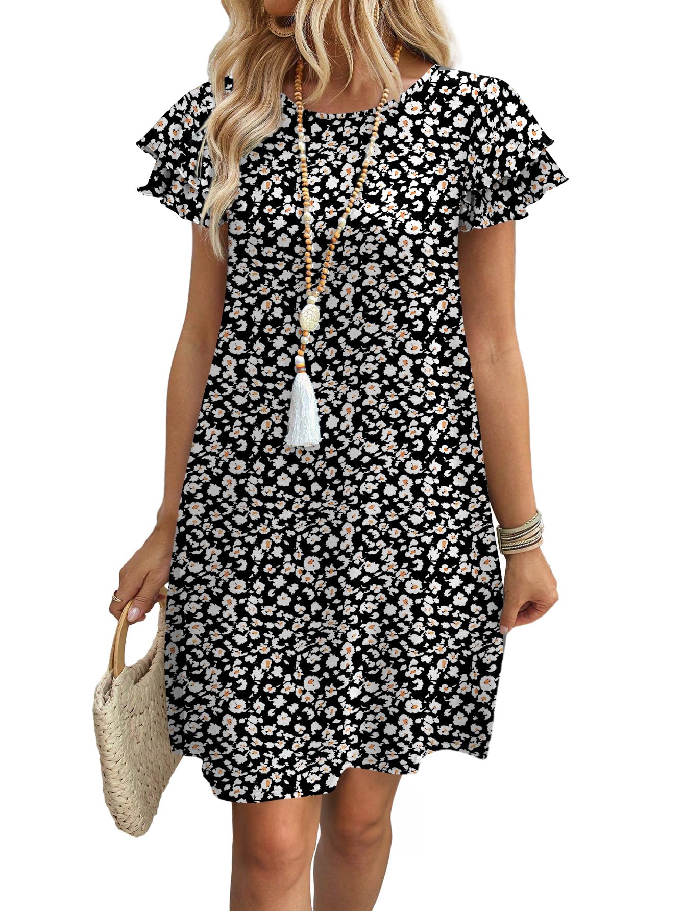 Womens Summer Dresses 2026 Ruffle Sleeve Round Neck Loose Swing Sundresses with Pockets Plain/Print