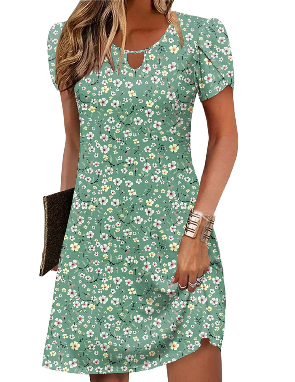 Women's Casual A-Line Dresses with Pockets Summer Floral Tshirt Dress Short Sleeve Mini Dress Flowy Sundresses