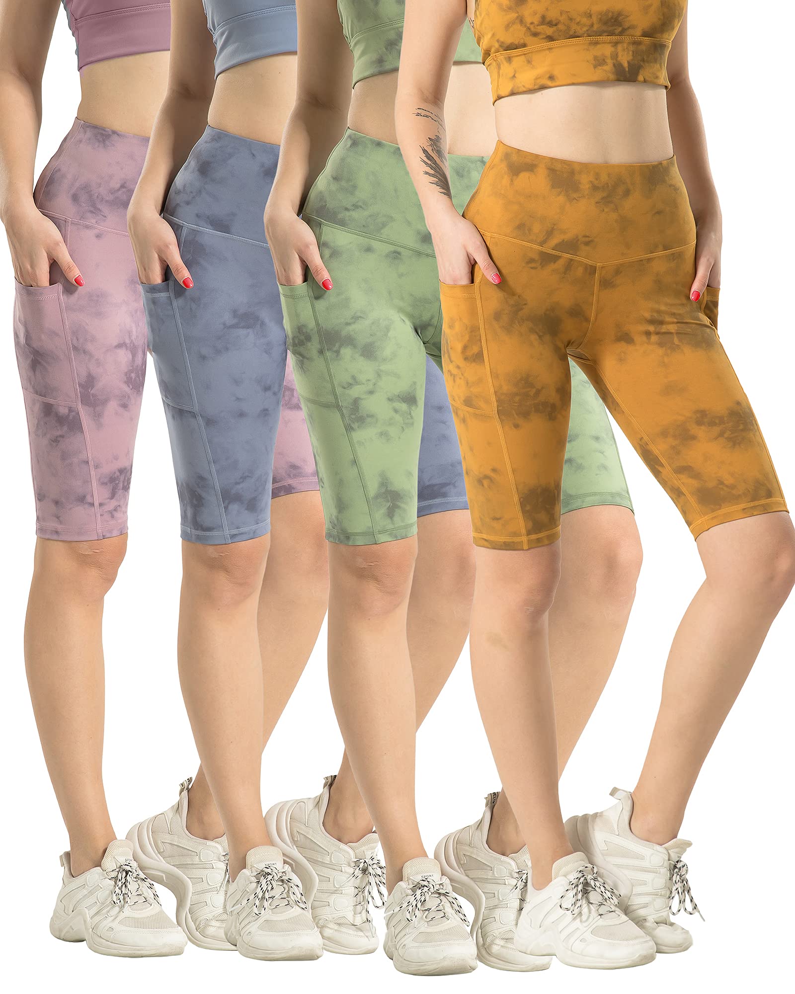 4 Pack Biker Yoga Shorts with Pockets for Women,High Waisted Athletic Running Workout Gym Shorts Tummy Control