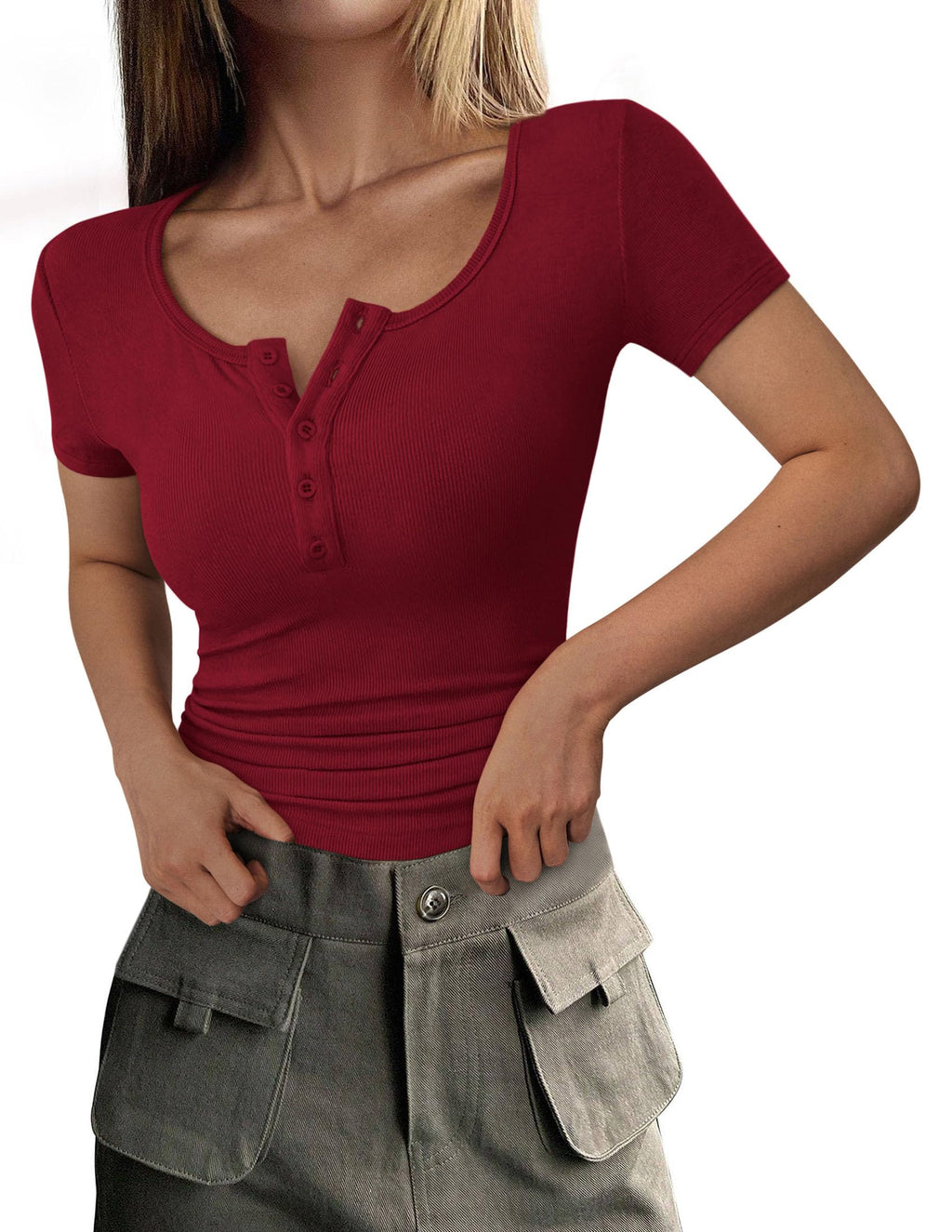 Women's Summer Tops Henley Tee Shirts | Soft Ribbed Fabric, Button Up, Short Sleeve, Slim Fitted, Basic Tshirts, Casual Trendy, Going Out Outfits, Fashion Clothing
