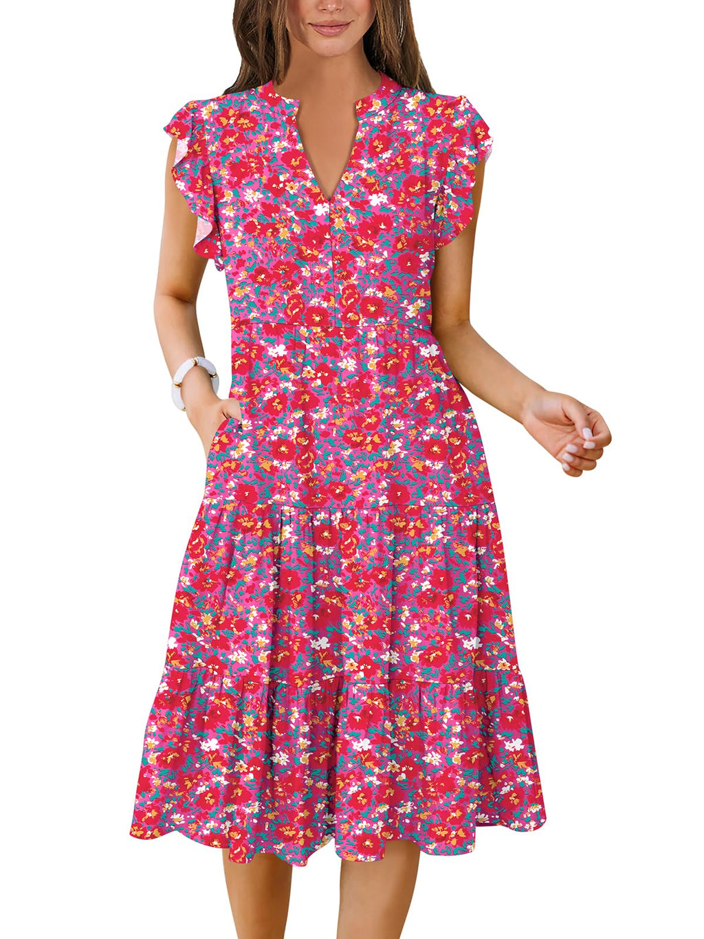 Womens Summer Dress Ruffle Sleeve V Neck Midi Dresses Fashion Casual Fit Flowy Tiered Boho Beach Vacation Sundress