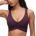YOGA Ruched V Neck Sports Bra | Light Support, Removable Pads, Yoga, Extremely Soft, Cross Back, Wide Straps, for Women