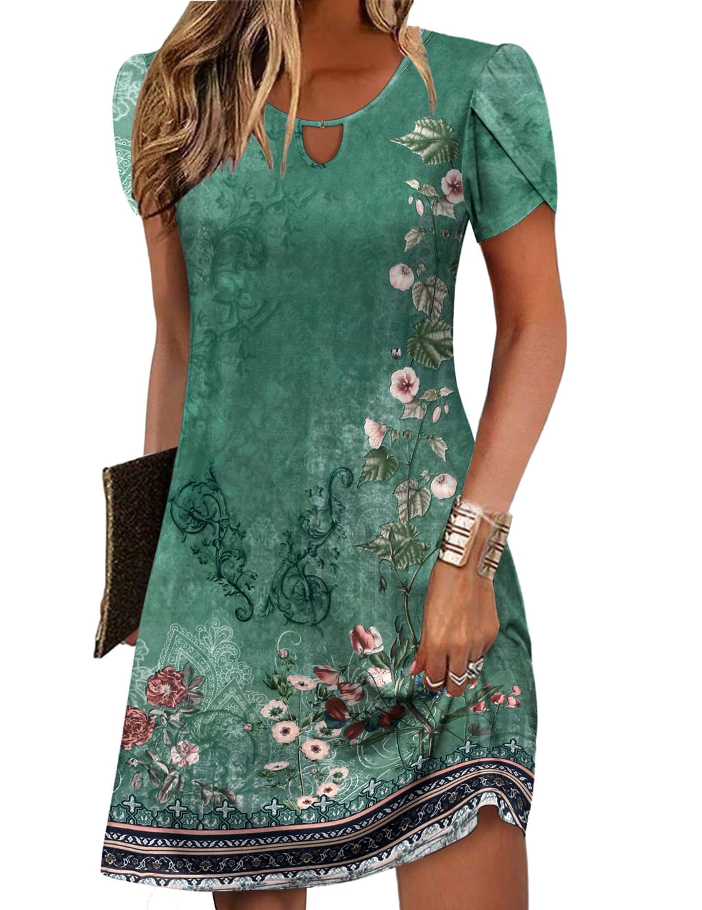 Women's Casual A-Line Dresses with Pockets Summer Floral Tshirt Dress Short Sleeve Mini Dress Flowy Sundresses