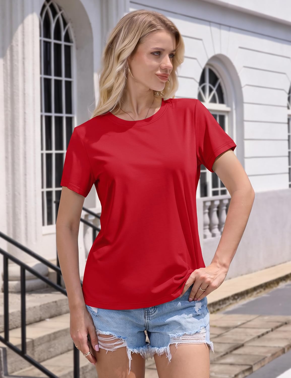 Women's T Shirts Cotton Short Sleeve Shirts Crew-Neck Summer Tops Classic-Fit Tees Breathable Casual Clothes