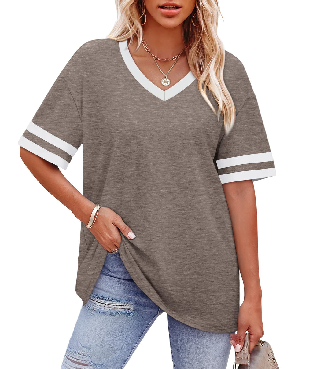 Womens T Shirts Loose Fit Short Sleeve Tees V Neck Color Block Summer Tops 2026 Fashion S-4XL