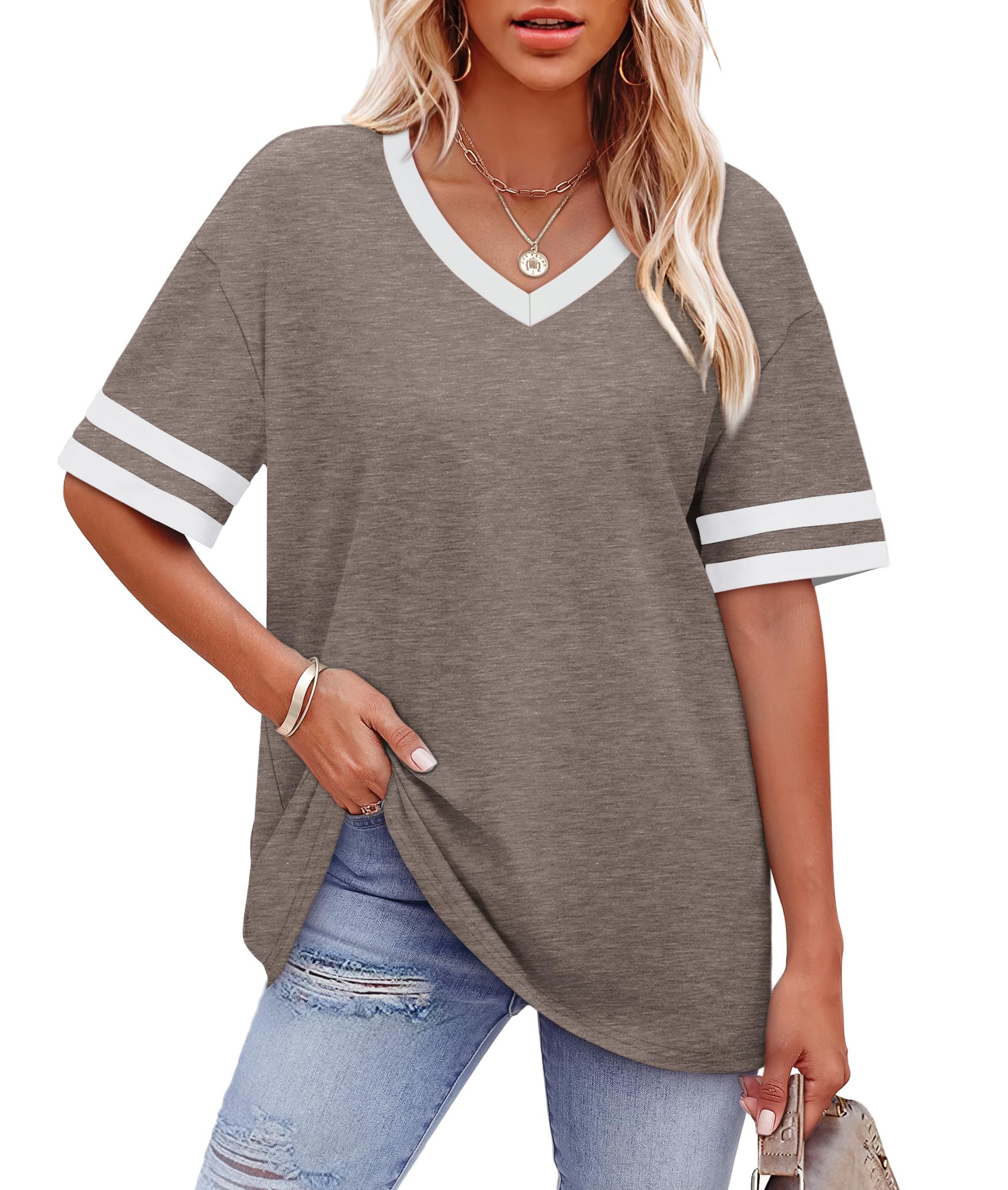 Womens T Shirts Loose Fit Short Sleeve Tees V Neck Color Block Summer Tops 2026 Fashion S-4XL