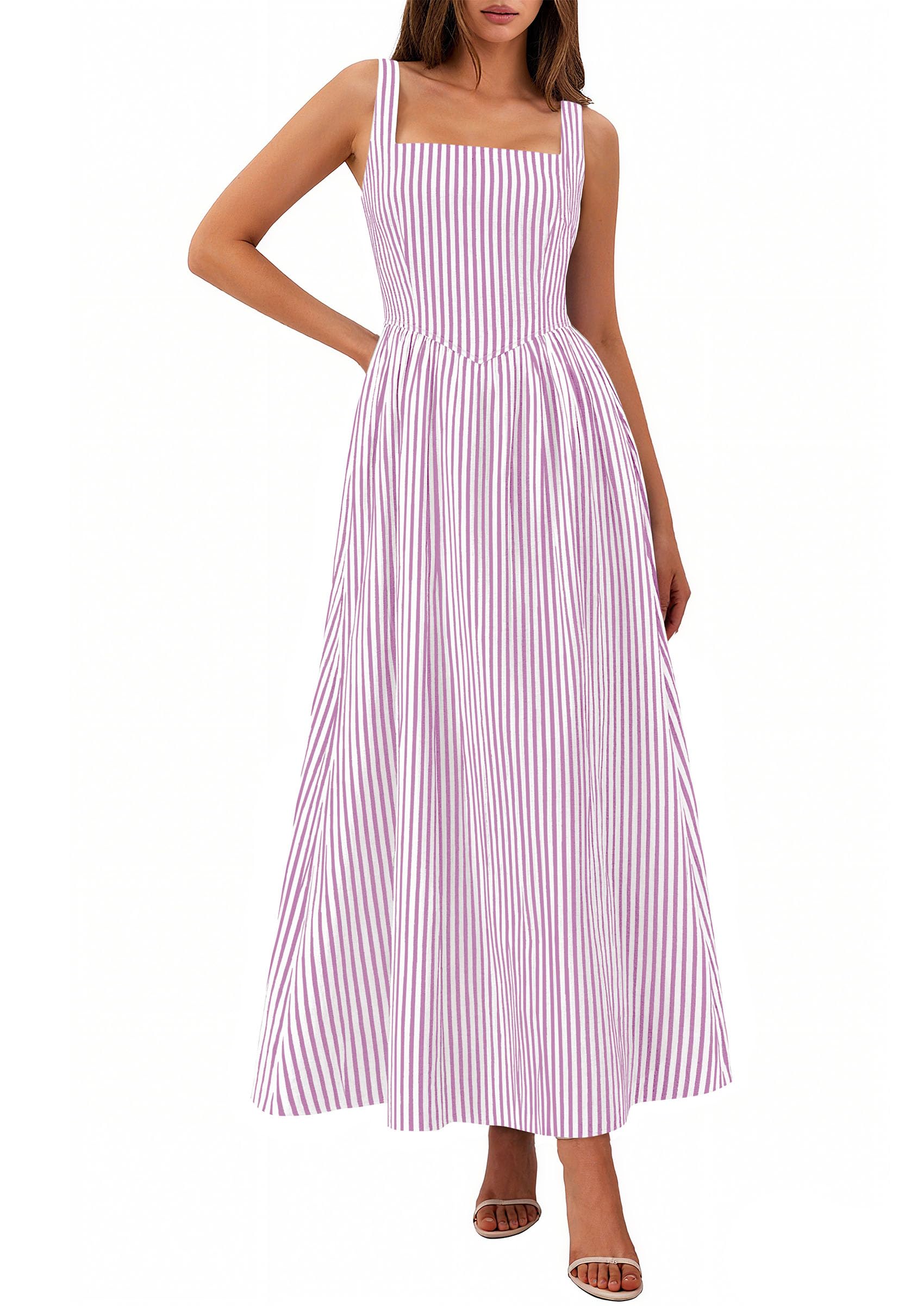 Women's Maxi Dress Summer Striped Sundress | Sleeveless Square Neck, Long Flowy A Line, Smocked Back, Pockets, Casual Spring Outfits for Beach Vacation, Resort, Party