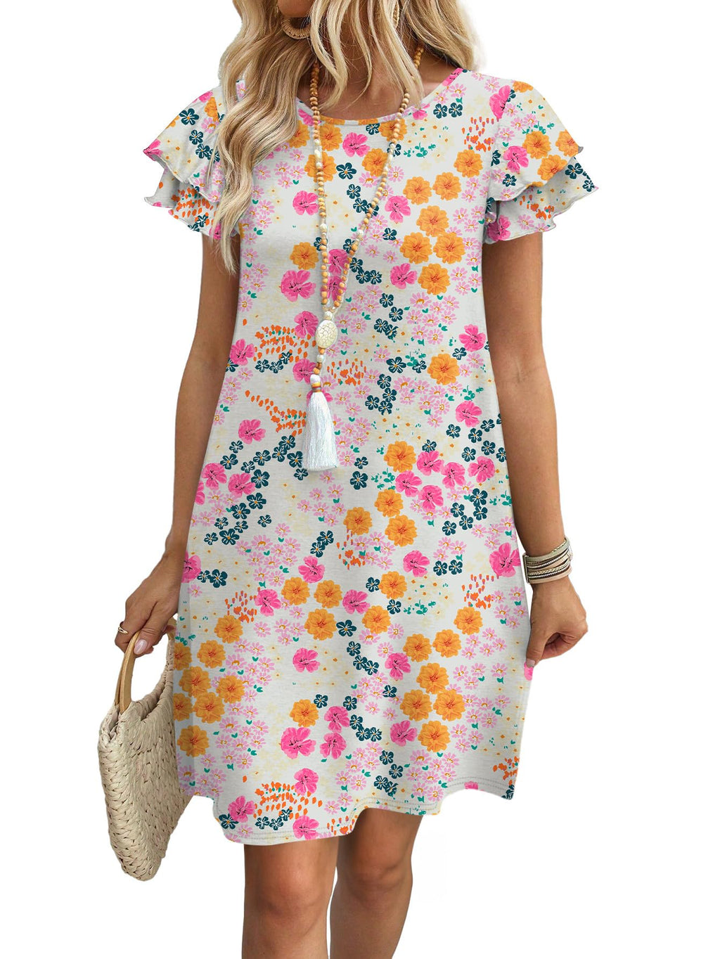 Womens Summer Dresses 2026 Ruffle Sleeve Round Neck Loose Swing Sundresses with Pockets Plain/Print