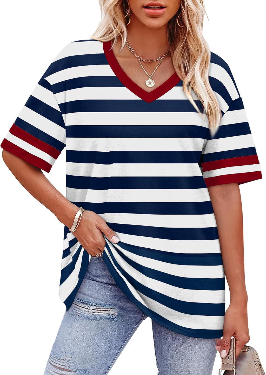 Womens T Shirts Loose Fit Short Sleeve Tees V Neck Color Block Summer Tops 2026 Fashion S-4XL