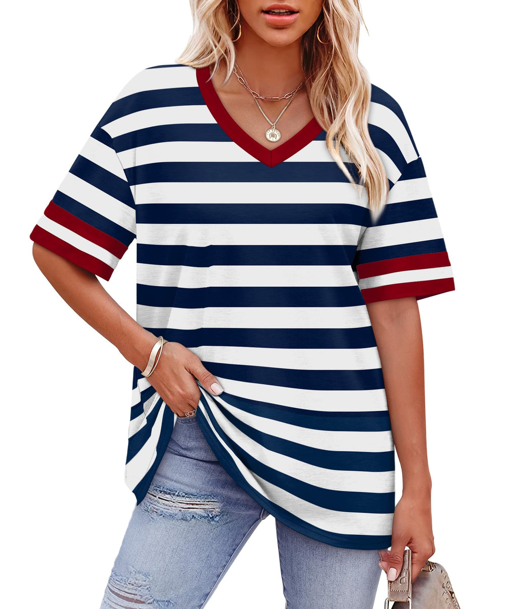 Womens T Shirts Loose Fit Short Sleeve Tees V Neck Color Block Summer Tops 2026 Fashion S-4XL