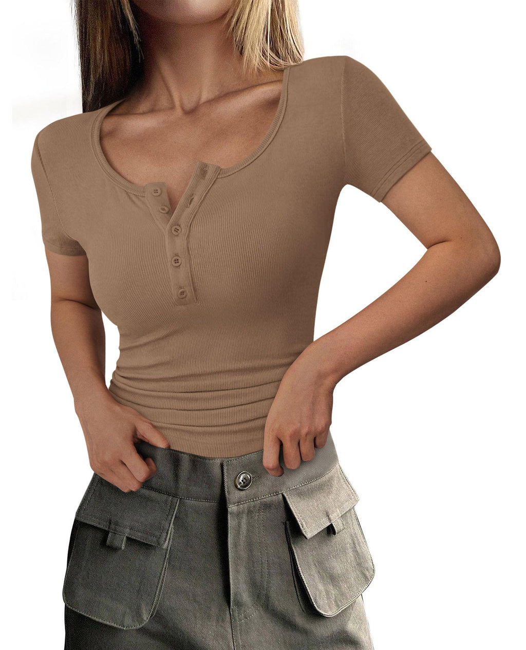 Women's Summer Tops Henley Tee Shirts | Soft Ribbed Fabric, Button Up, Short Sleeve, Slim Fitted, Basic Tshirts, Casual Trendy, Going Out Outfits, Fashion Clothing