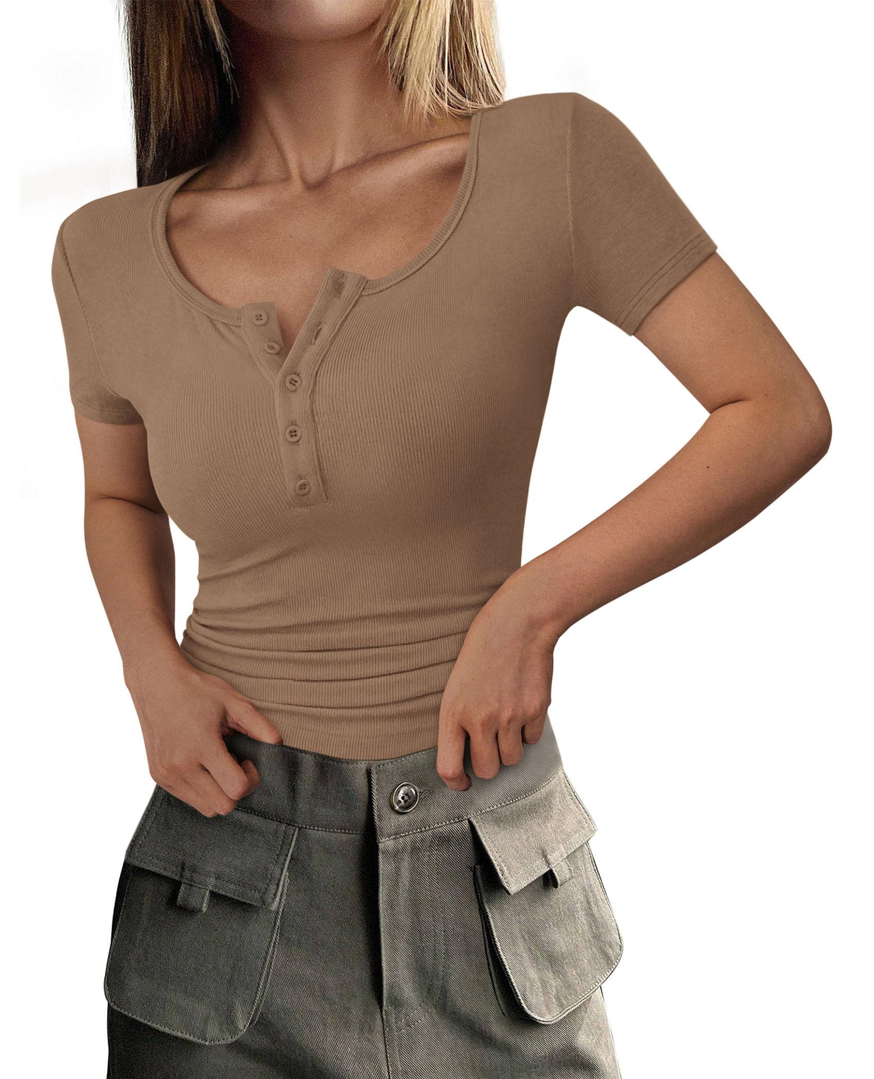 Women's Summer Tops Henley Tee Shirts | Soft Ribbed Fabric, Button Up, Short Sleeve, Slim Fitted, Basic Tshirts, Casual Trendy, Going Out Outfits, Fashion Clothing