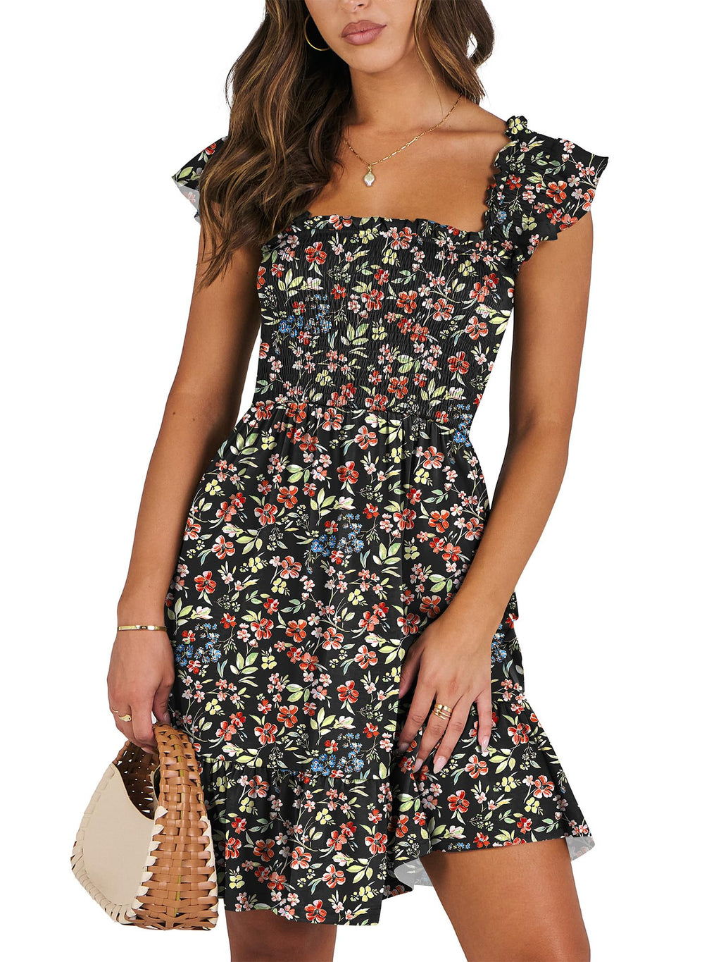 Women's Summer Casual Sleeveless Square Neck Dress 2026 Smocked Ruffle Backless Boho Beach Cute Teen Short Sundress