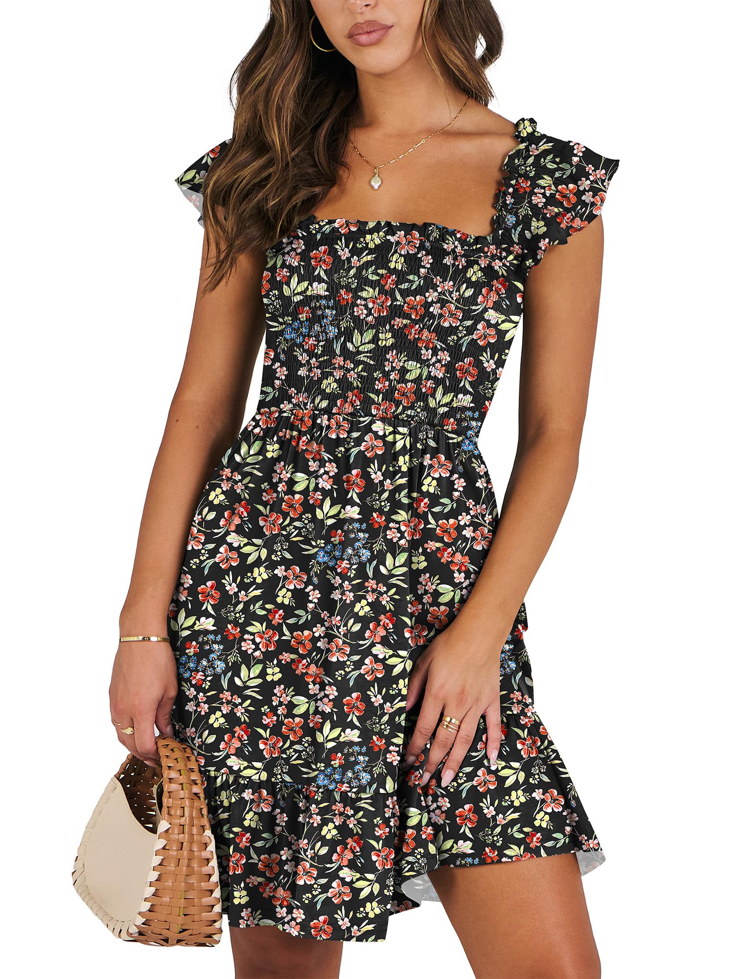 Women's Summer Casual Sleeveless Square Neck Dress 2026 Smocked Ruffle Backless Boho Beach Cute Teen Short Sundress