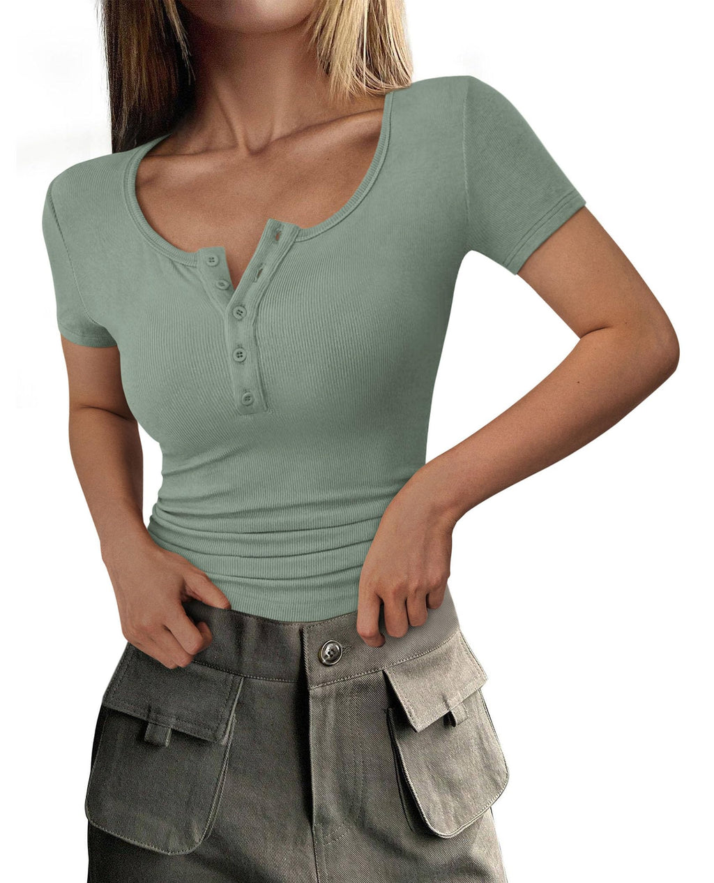 Women's Summer Tops Henley Tee Shirts | Soft Ribbed Fabric, Button Up, Short Sleeve, Slim Fitted, Basic Tshirts, Casual Trendy, Going Out Outfits, Fashion Clothing