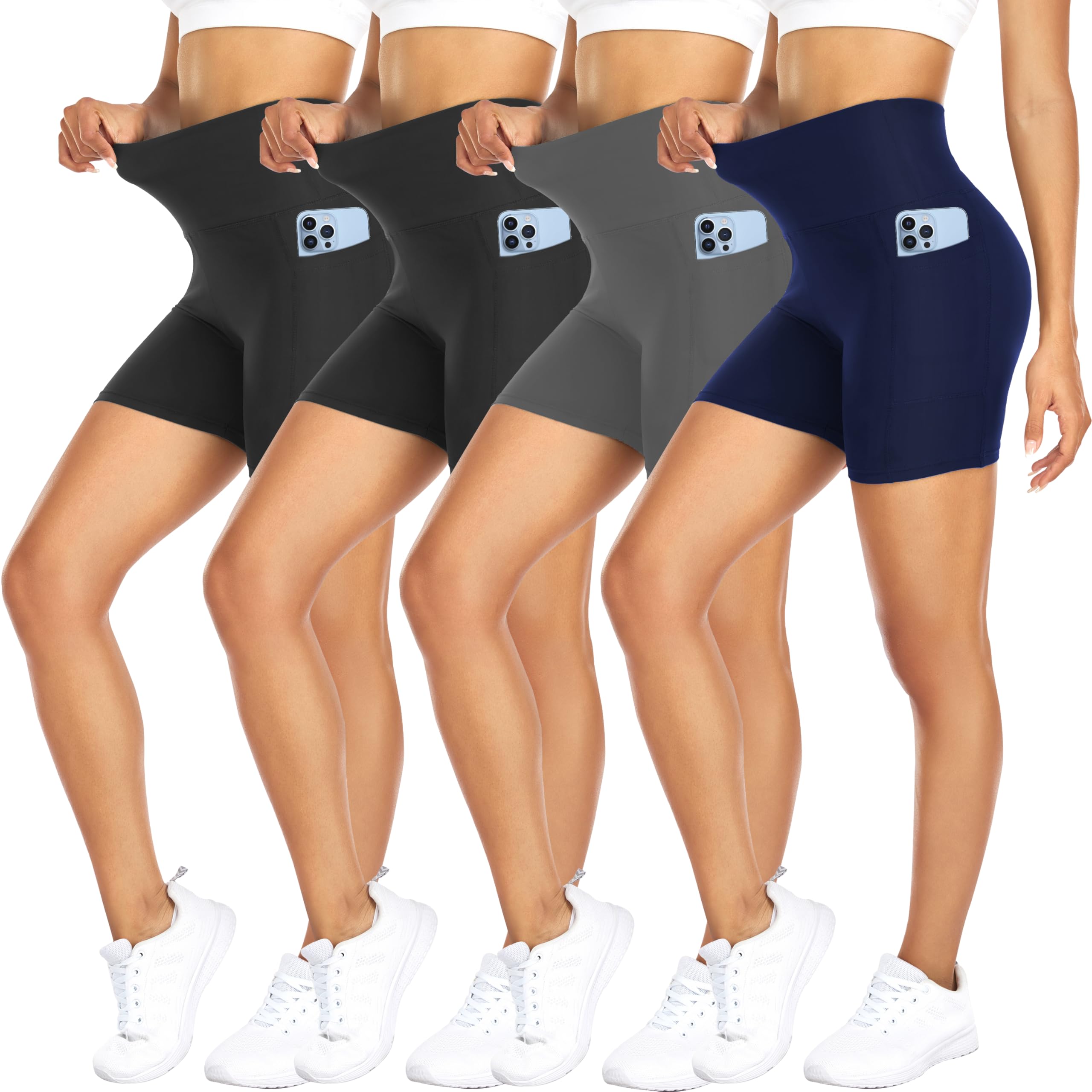 4 Pack Biker Shorts for Women with Pockets – 5" High Waisted Tummy Control Workout Yoga Running Gym Tennis Shorts