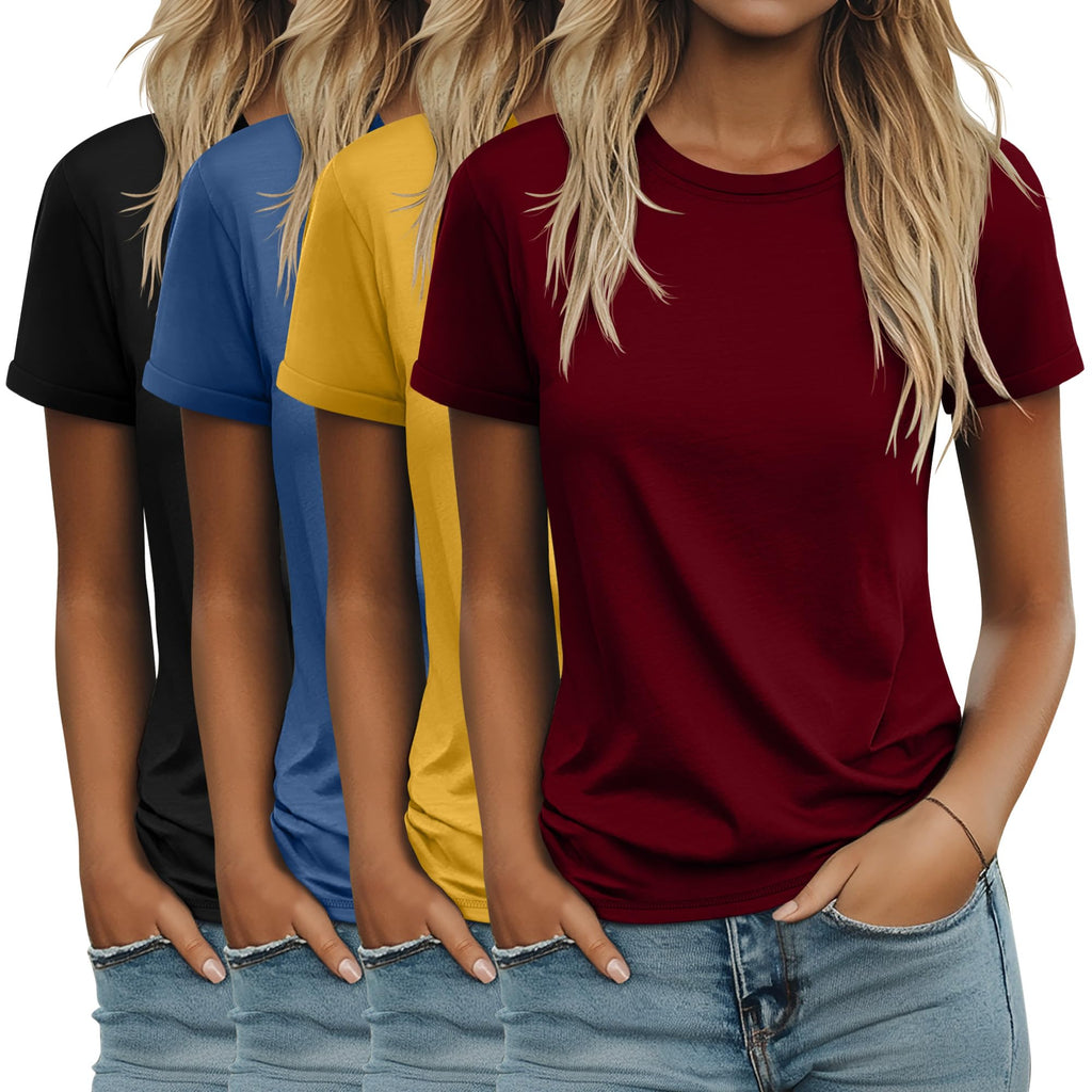 4 Pack Women's Cotton T Shirts | Casual, Short Sleeve, Tunic Tops, Crewneck, Plain, Loose Fit, Rolled Sleeve, Basic Tee, Summer