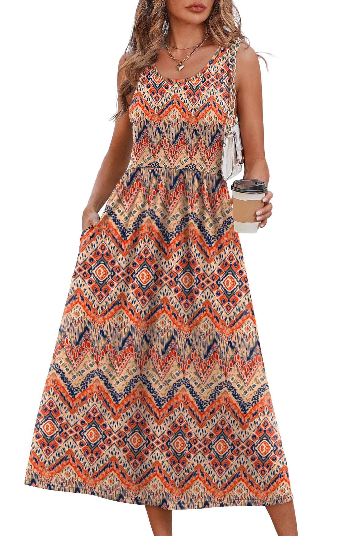 Summer Dresses for Women Flowy Casual Midi Dress Beach Vacation Sundresses with Pockets