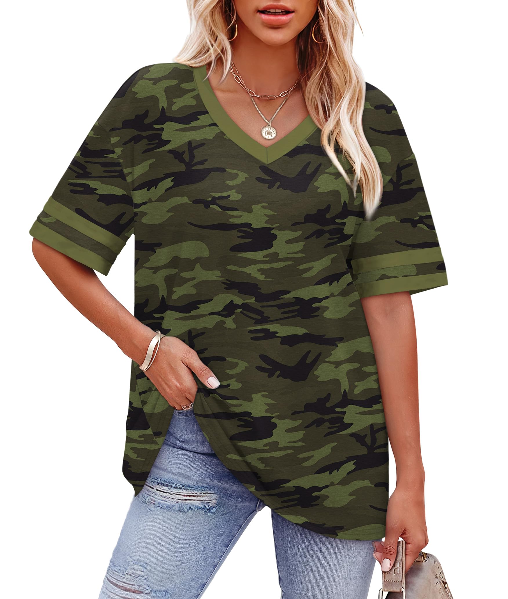 Womens T Shirts Loose Fit Short Sleeve Tees V Neck Color Block Summer Tops 2026 Fashion S-4XL