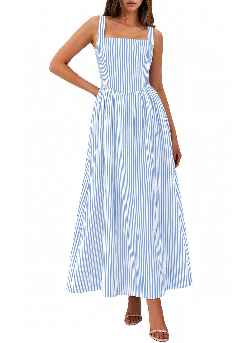 Women's Maxi Dress Summer Striped Sundress | Sleeveless Square Neck, Long Flowy A Line, Smocked Back, Pockets, Casual Spring Outfits for Beach Vacation, Resort, Party