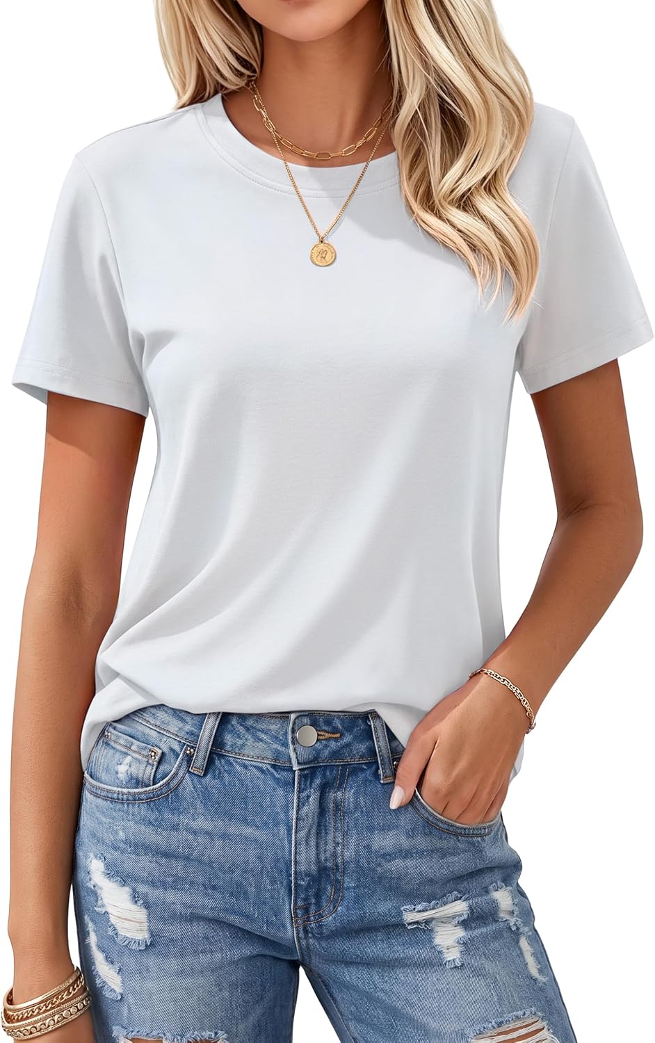 Women's T Shirts Cotton Short Sleeve Shirts Crew-Neck Summer Tops Classic-Fit Tees Breathable Casual Clothes