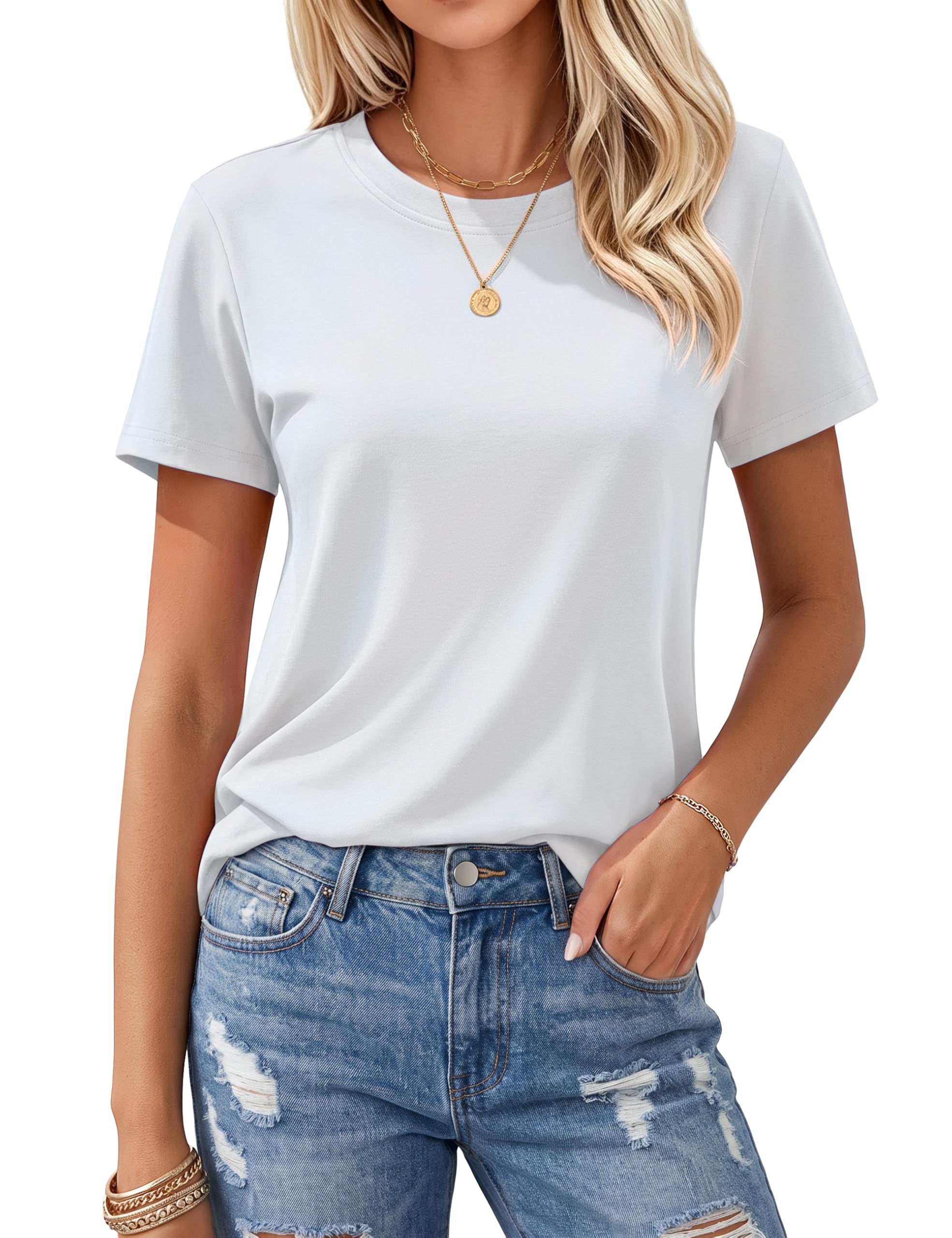 Women's T Shirts Cotton Short Sleeve Shirts Crew-Neck Summer Tops Classic-Fit Tees Breathable Casual Clothes