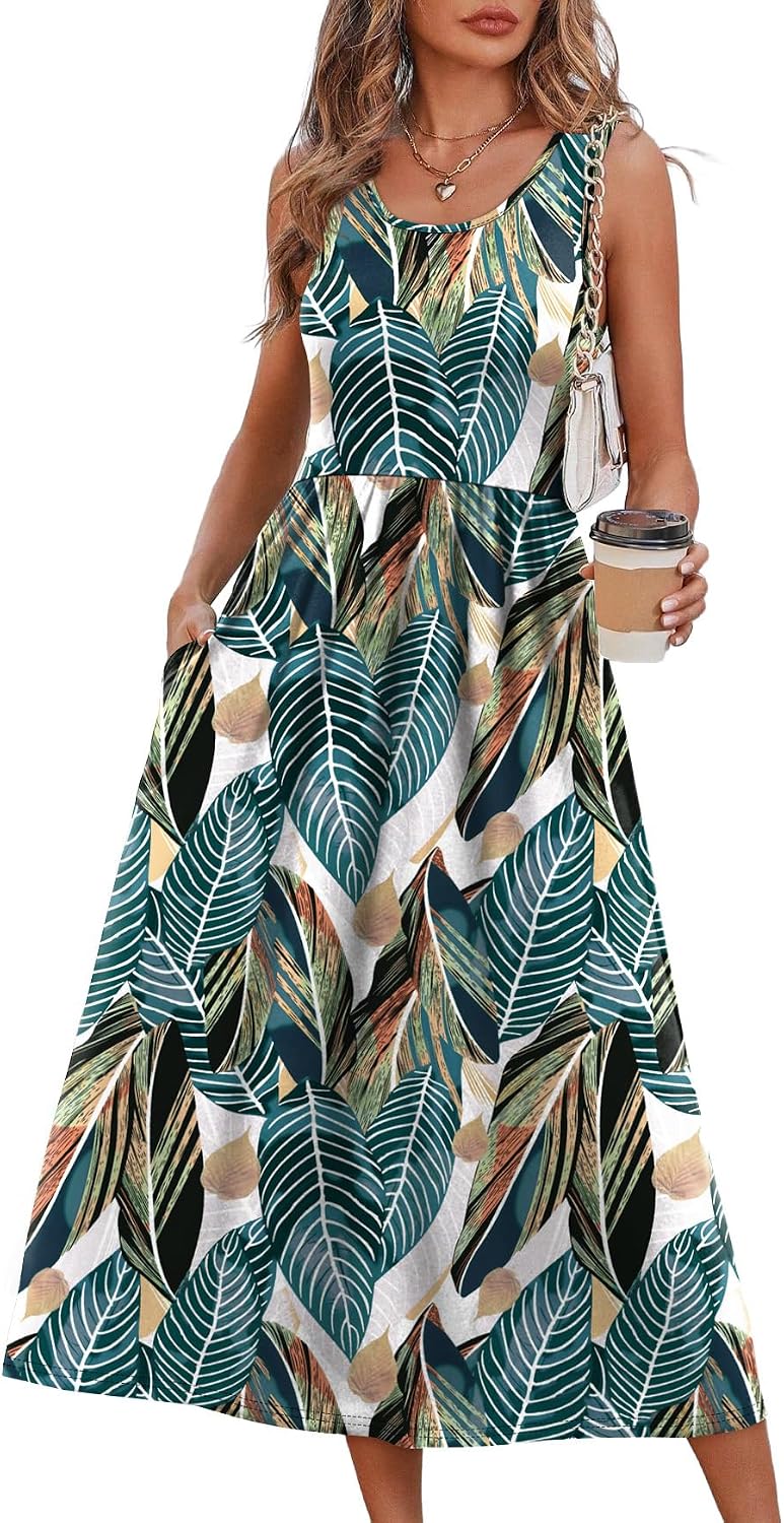 Summer Dresses for Women Flowy Casual Midi Dress Beach Vacation Sundresses with Pockets