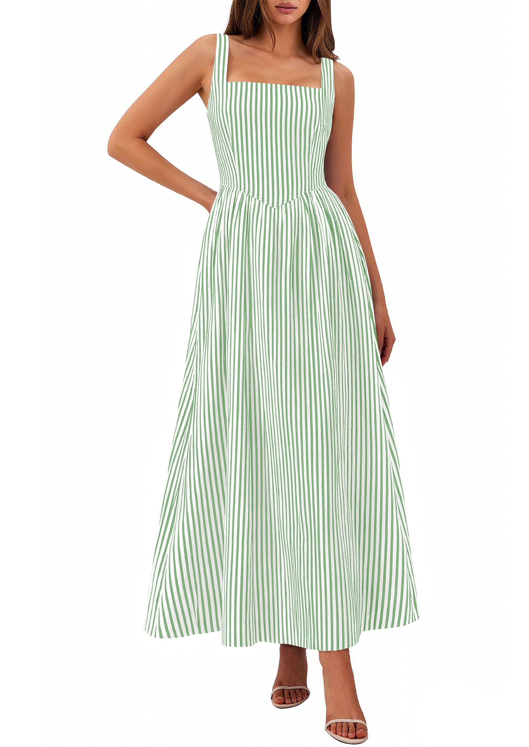 Women's Maxi Dress Summer Striped Sundress | Sleeveless Square Neck, Long Flowy A Line, Smocked Back, Pockets, Casual Spring Outfits for Beach Vacation, Resort, Party