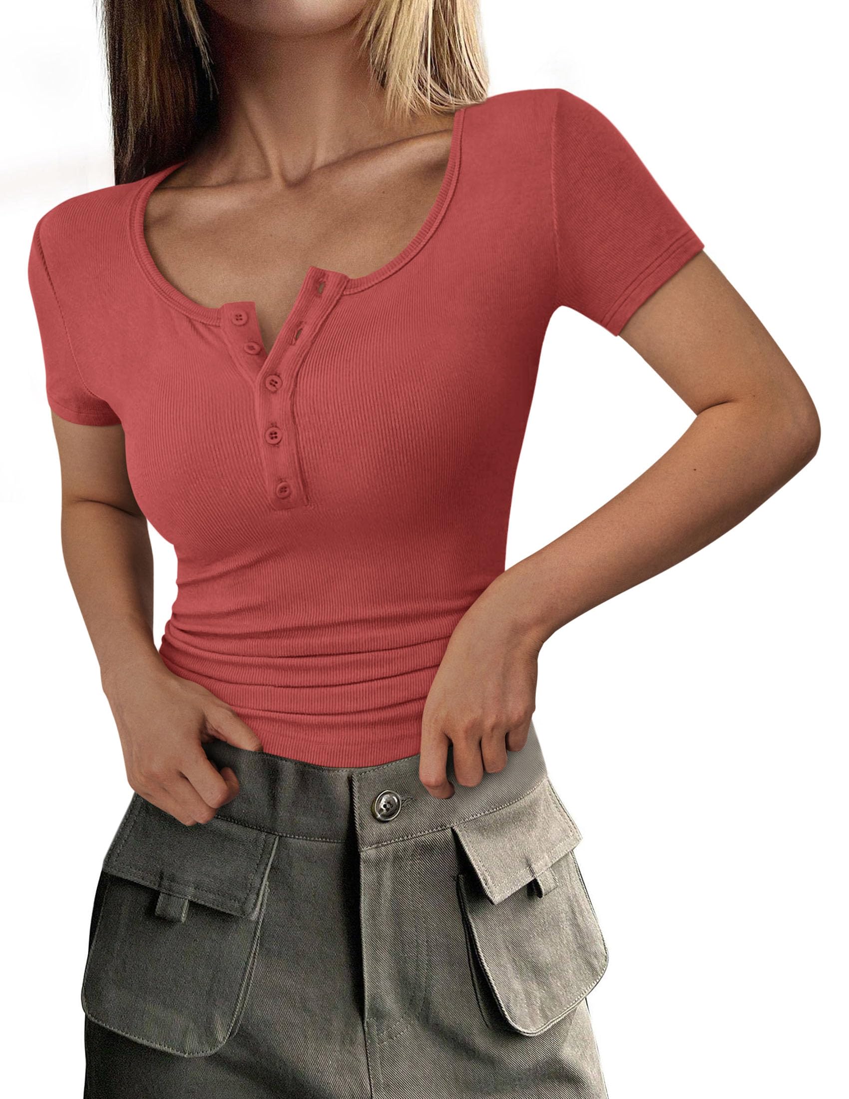 Women's Summer Tops Henley Tee Shirts | Soft Ribbed Fabric, Button Up, Short Sleeve, Slim Fitted, Basic Tshirts, Casual Trendy, Going Out Outfits, Fashion Clothing