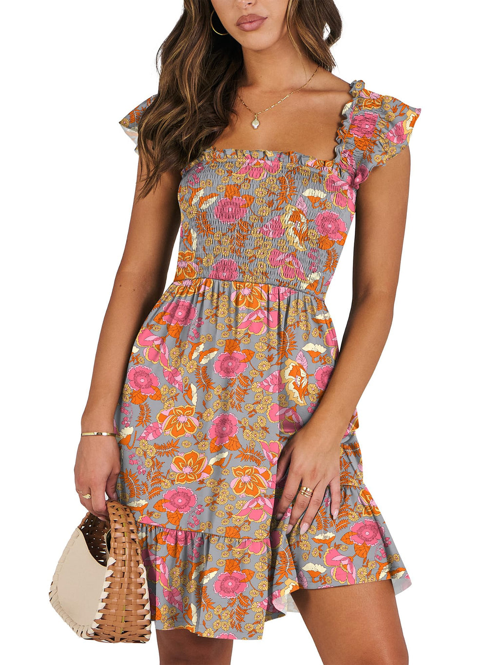 Women's Summer Casual Sleeveless Square Neck Dress 2026 Smocked Ruffle Backless Boho Beach Cute Teen Short Sundress