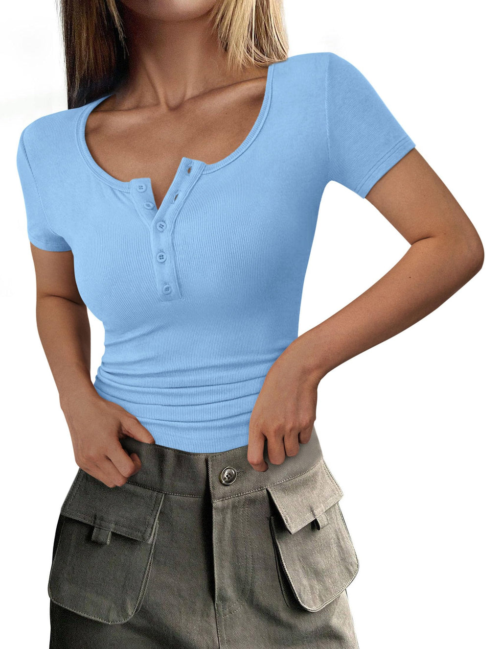 Women's Summer Tops Henley Tee Shirts | Soft Ribbed Fabric, Button Up, Short Sleeve, Slim Fitted, Basic Tshirts, Casual Trendy, Going Out Outfits, Fashion Clothing