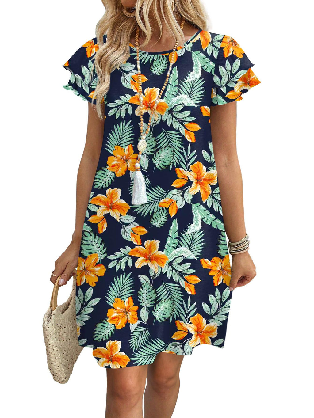 Womens Summer Dresses 2026 Ruffle Sleeve Round Neck Loose Swing Sundresses with Pockets Plain/Print